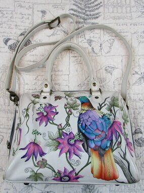 Anushka Leather Handbag Hand Painted Himalayan bird multi color art to wear
